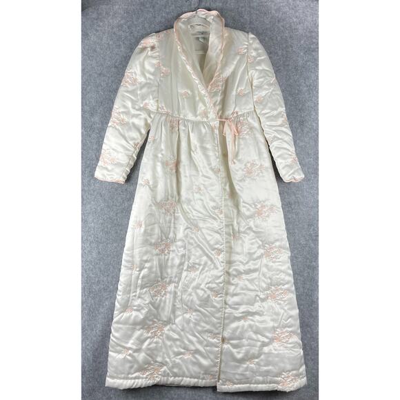 Vintage Gilligan O'Malley Satin Robe Womens XS Embroidered Floral Puffer Granny